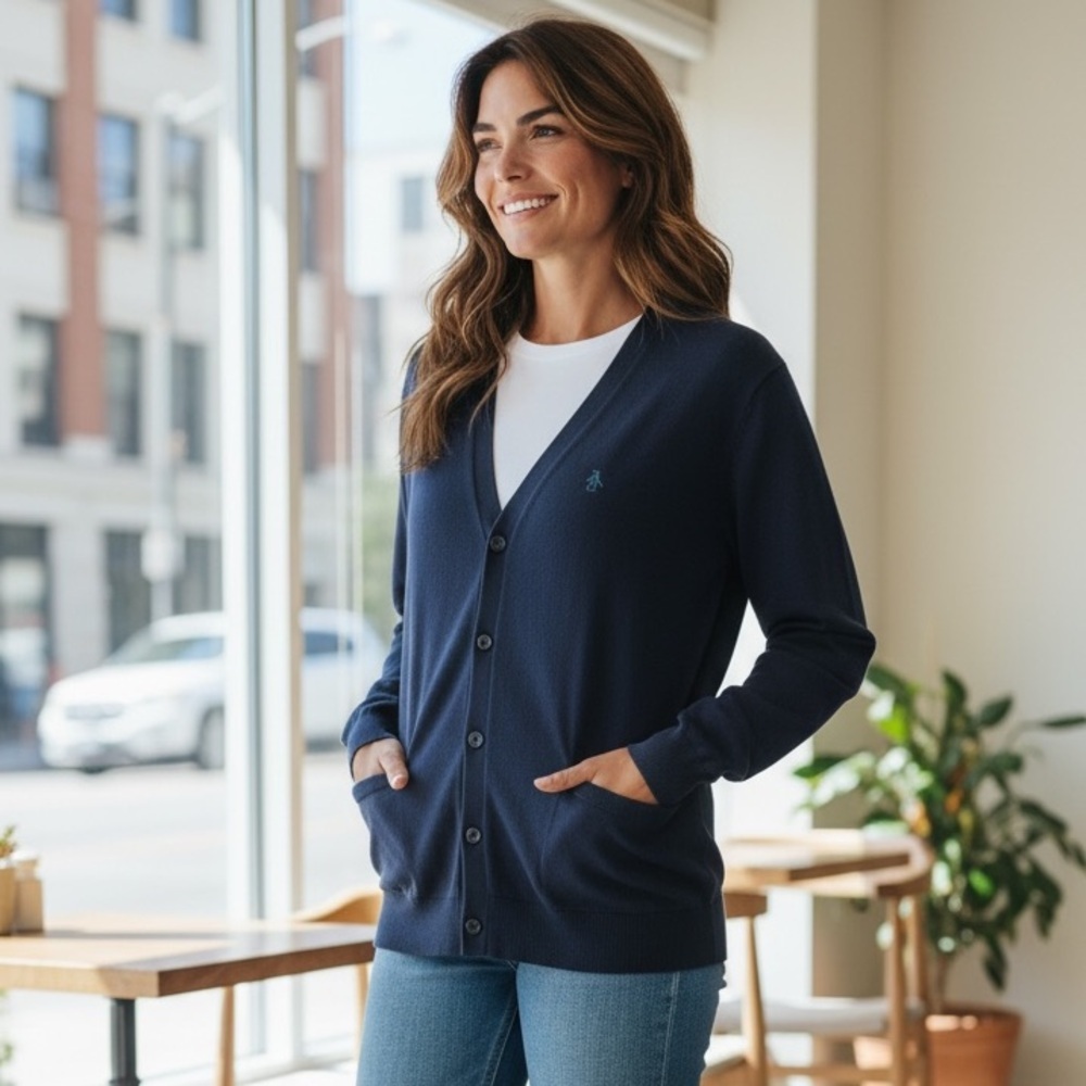 Original Penguin Navy V-Neck Button Cardigan Sweater Large Preppy Classic